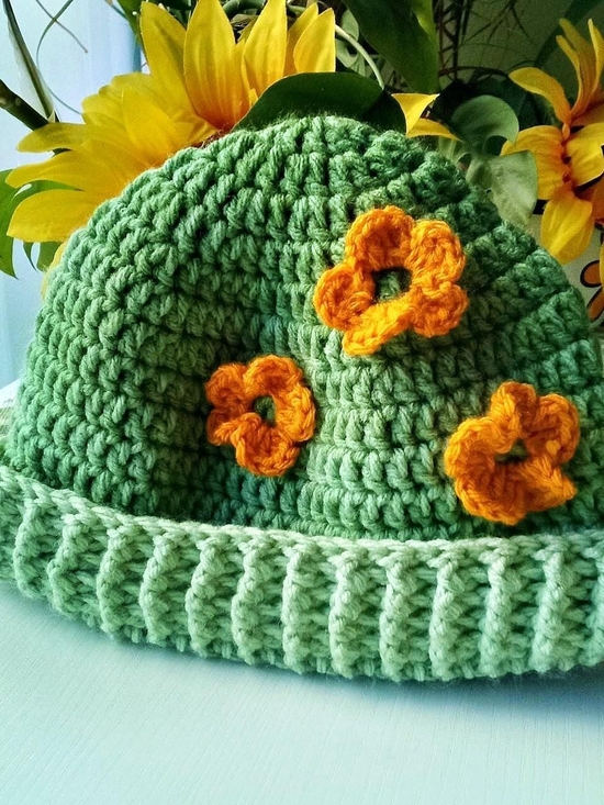 Accessories - Handmade Green Crochet Beanie with Gold Yellow Flower Accents